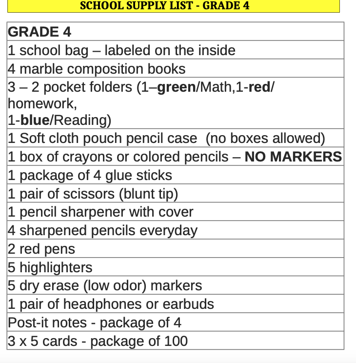 School Supply Lists Louis H Farrell School