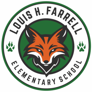 Louis H. Farrell Elementary School Logo Circular logo for Louis H. Farrell Elementary School featuring a red fox head in the center with green background, surrounded by the school name in bold text and two green paw prints on either side.